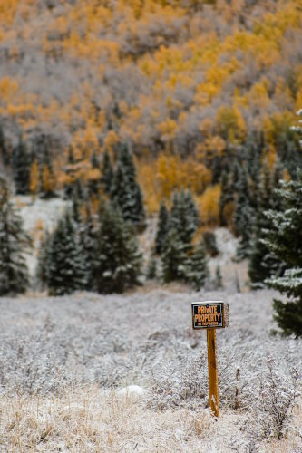 A private property sign warning no trespassing set in a field with a forested, snowy background